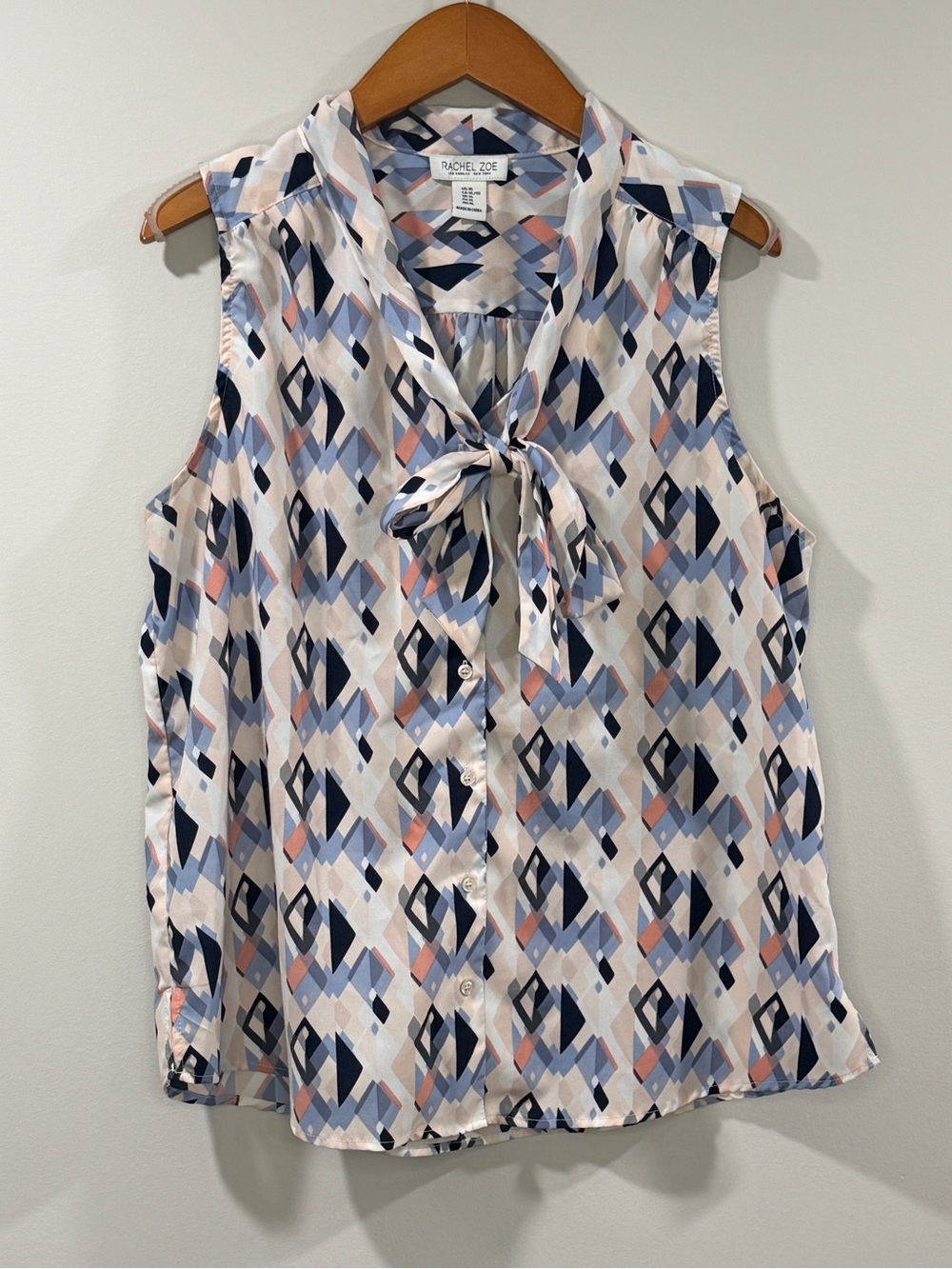 Rachel Zoe Women’s Sleeveless Geometric Tie-Neck Blouse in White, Navy & Blush